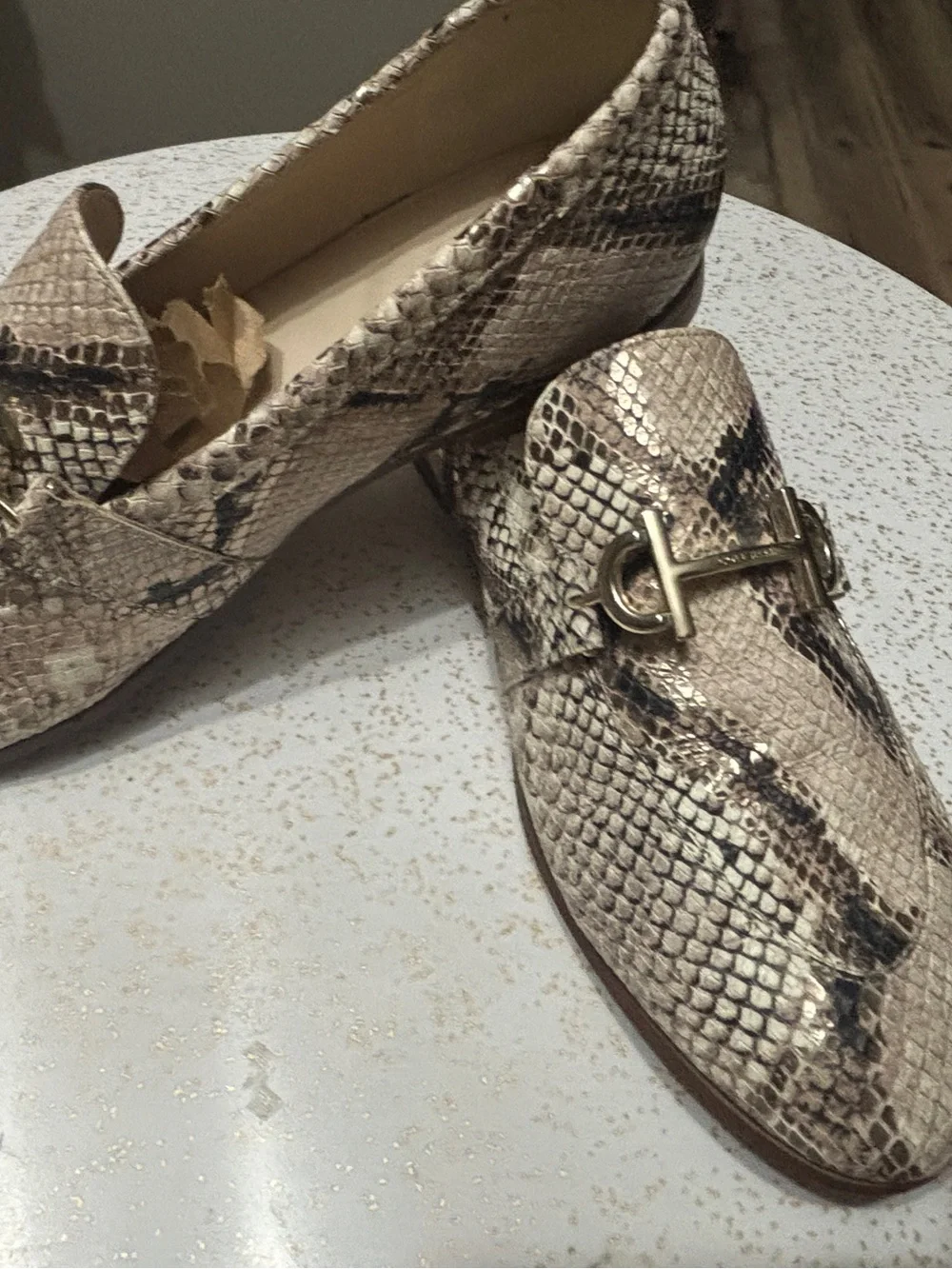 Cole Haan Beige Snake-Print Leather Loafers with Gold Bit